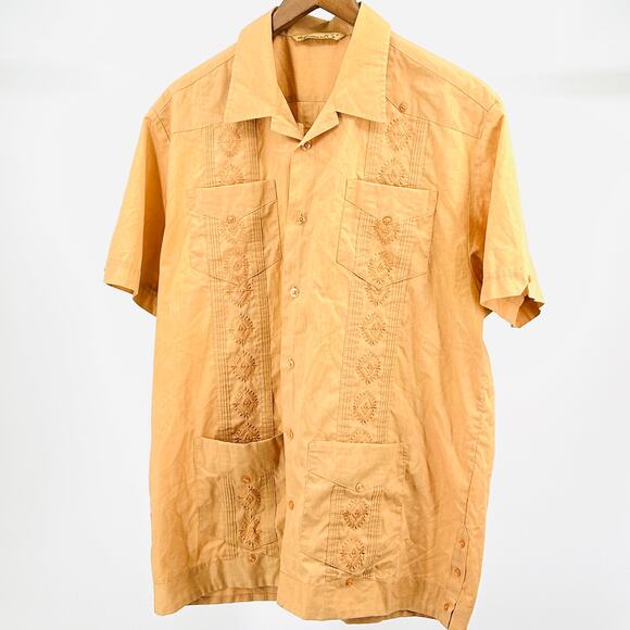 The Havanera Co Tan Embroidered Cotton Blend Cuban Guayabera Shirt - Picture 1 of 7